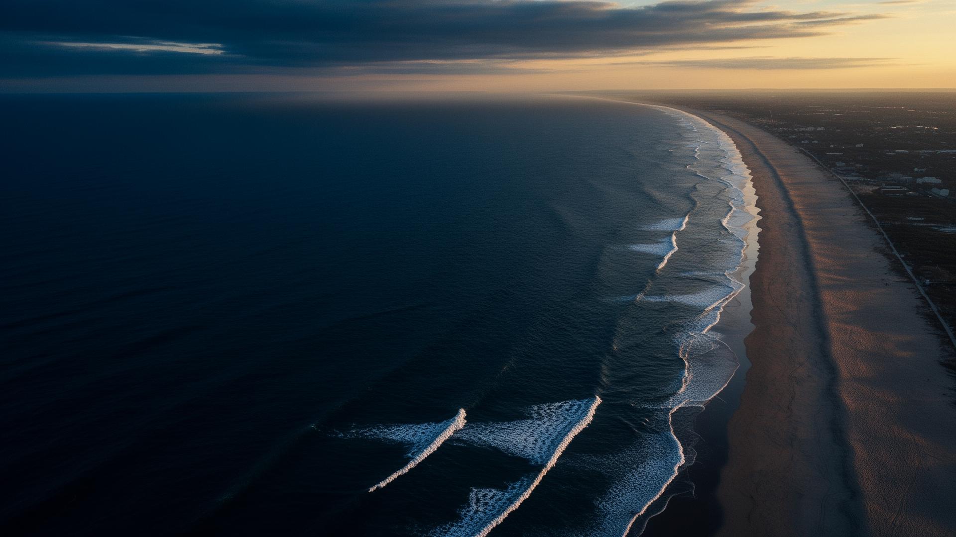 Aerial view of the Jersey Shore coastline at dusk